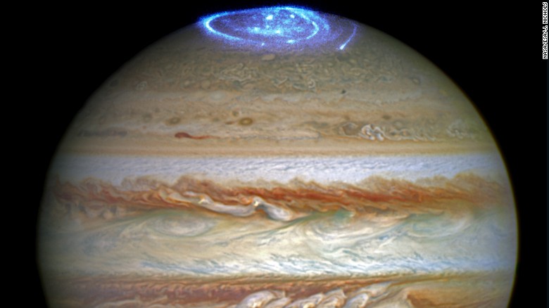 Image of Jupiter's auroras on the planet's north pole, one of the many phenomena Juno will research. Image credit: NASA's Hubble Space Telescope. 